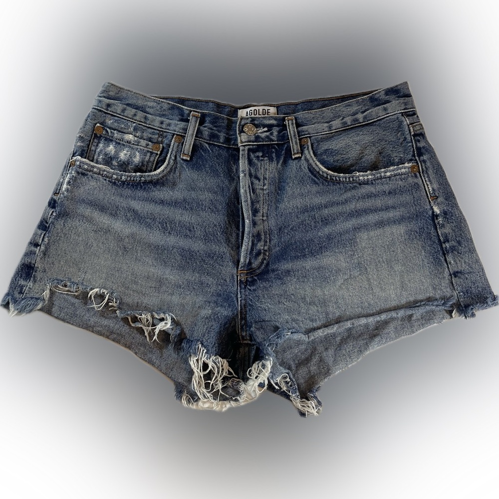 Agolde Parker Premium Denim button fly shorts distressed raw hem Sz 29 Cut Off